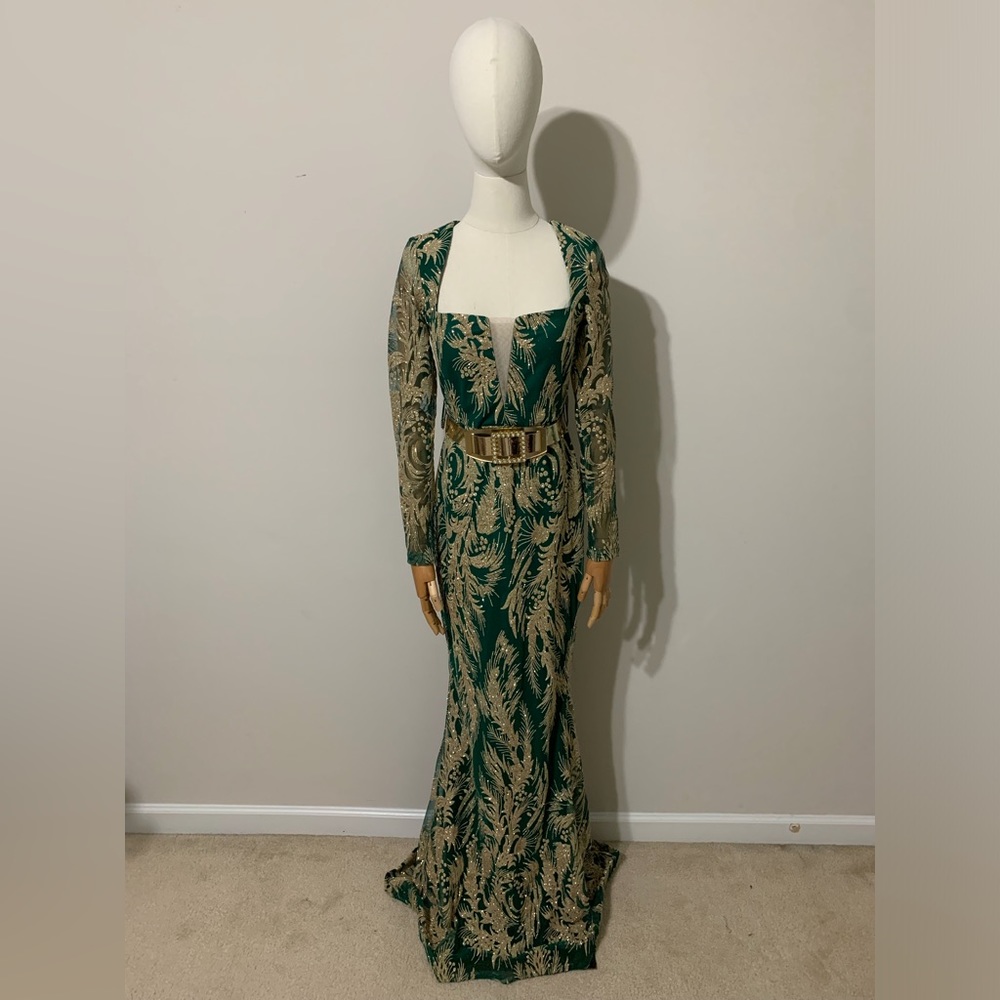 Green Chiffon and Gold Glitter Pattern with Belt